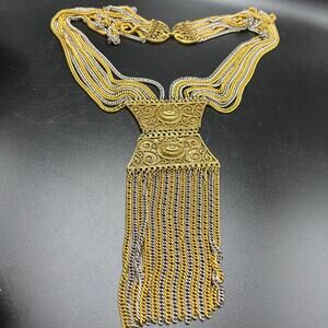 Vintage two tone chain fringe statement necklace attributed to Goldette 60s 70s